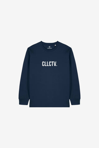 Navy long-sleeve shirt with 'CLLCTV.' text on a light gray background