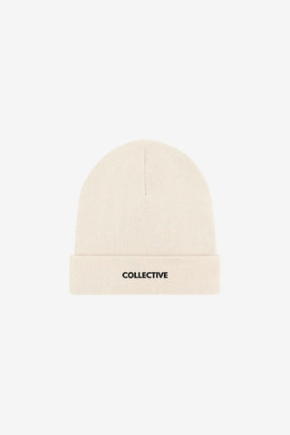 Beige beanie with 'Collective' logo on a white background