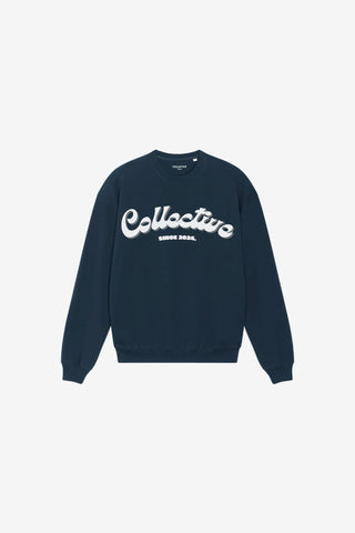 Navy blue sweatshirt with 'Collective' text on a light gray background