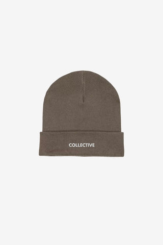 Brown beanie with 'Collective' logo on a white background